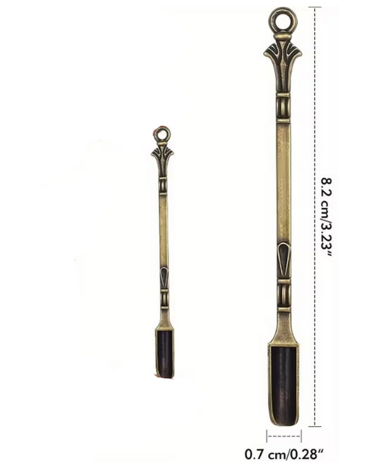 Two bronze-colored tools with decorative ends, one longer than the other, on a white background with measurements indicated.