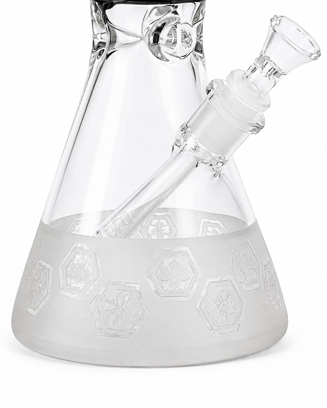 Clear glass beaker-style water pipe with a frosted lower section featuring embossed hexagonal floral motifs, shown on a white background.