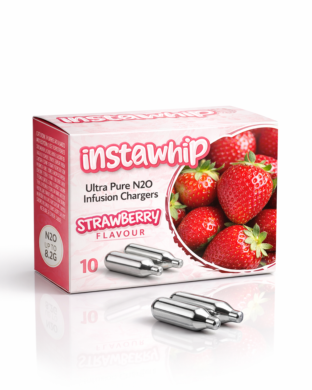 Box of instawhip strawberry-flavored N2O infusion chargers with strawberries on a white background