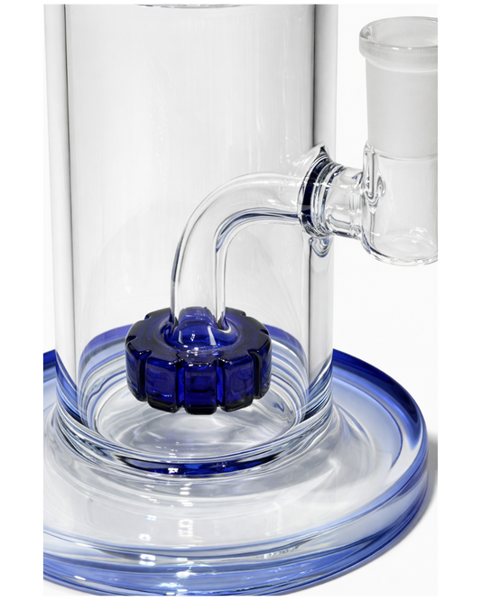 Clear glass water pipe with blue base and collar on a white background