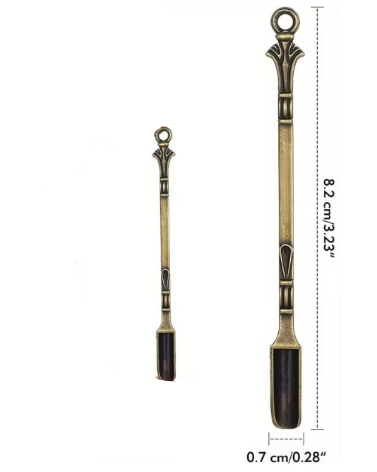 Two bronze-colored tools with decorative ends, one longer than the other, on a white background with measurements indicated.