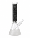 A clear glass beaker-style water pipe with a black hexagonal patterned stem and a clear glass bowl and mouthpiece, shown on a white background.