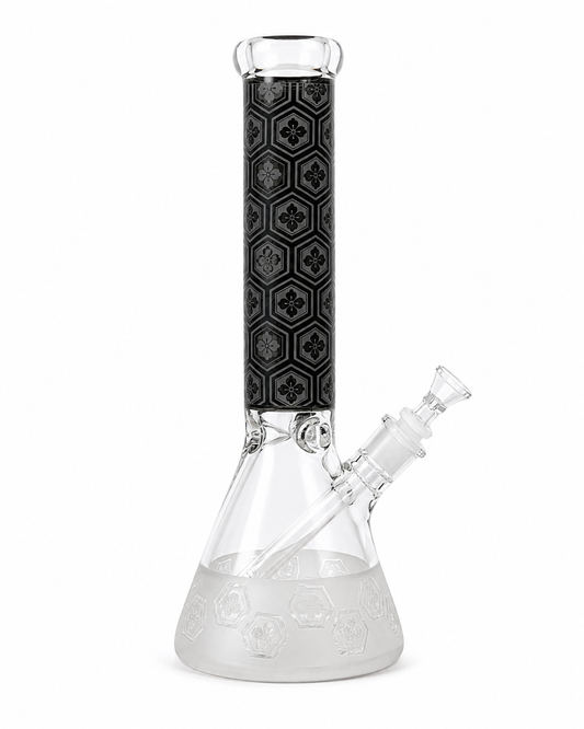 A clear glass beaker-style water pipe with a black hexagonal patterned stem and a clear glass bowl and mouthpiece, shown on a white background.