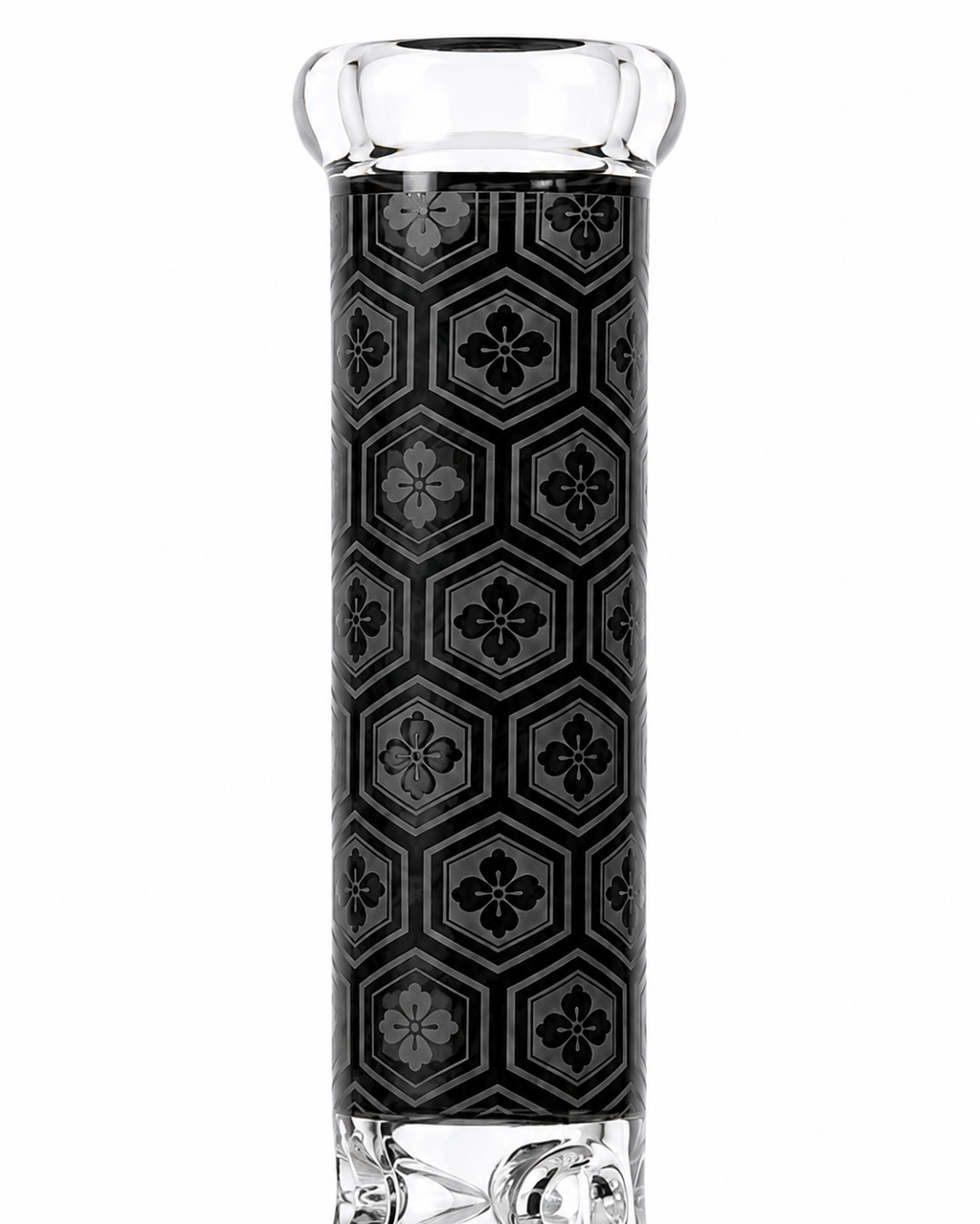 A clear glass water pipe with a black and gray geometric patterned grip, shown against a plain white background.
