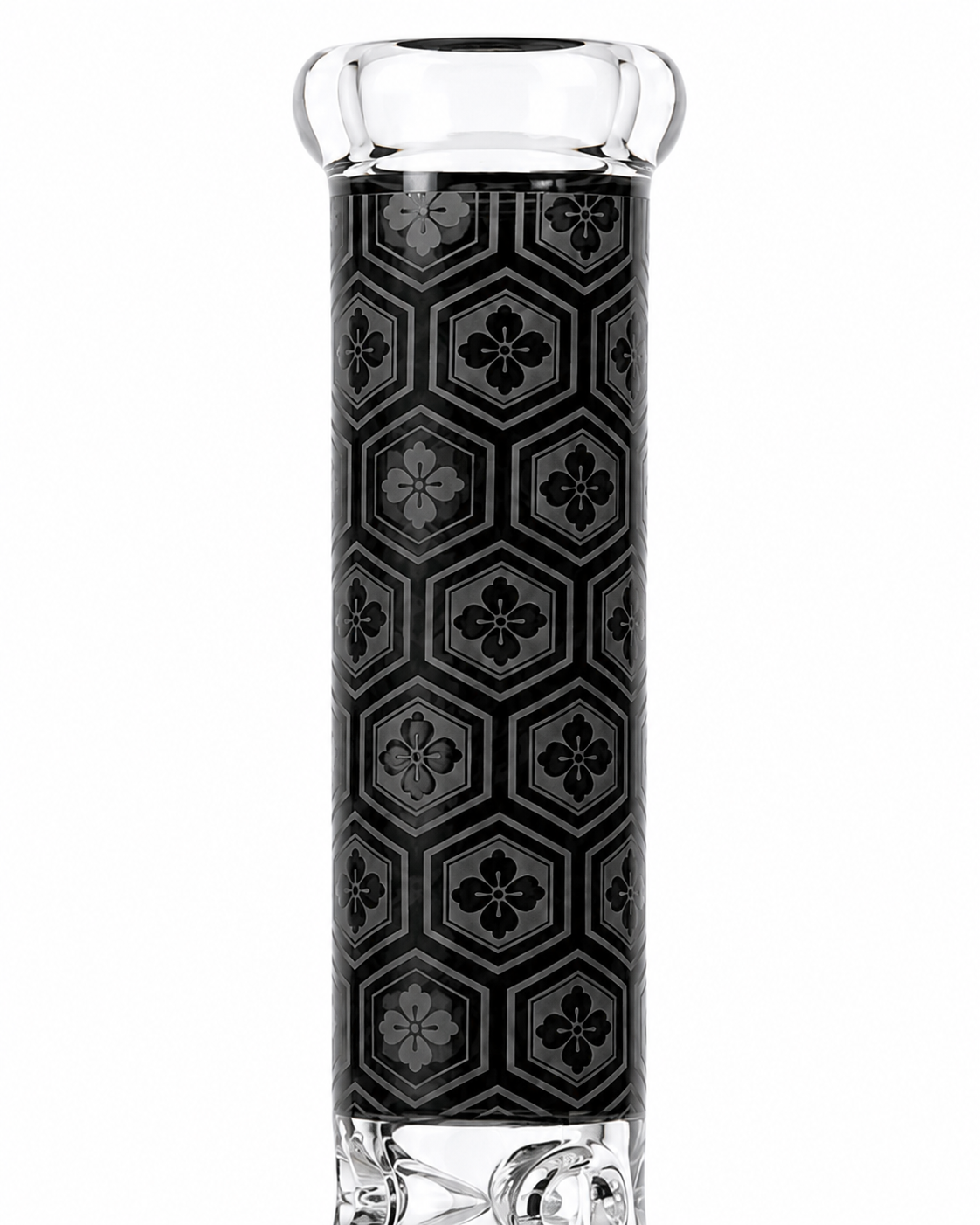 A clear glass water pipe with a black and gray geometric patterned grip, shown against a plain white background.