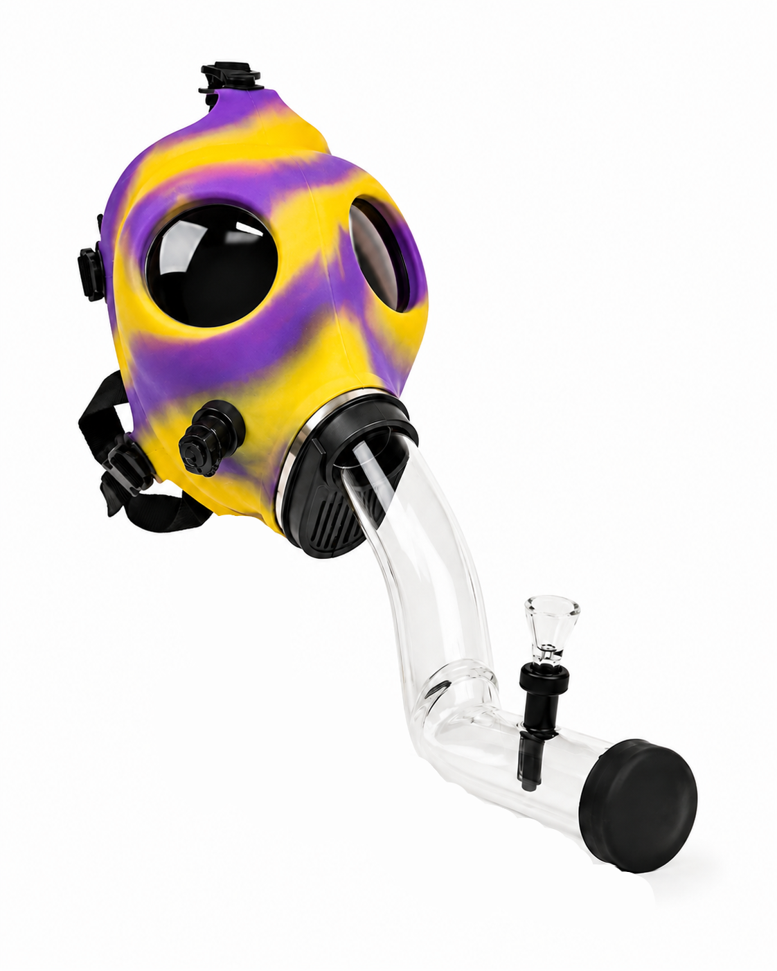 A novelty silicone gas mask with a purple and yellow tie-dye pattern, featuring large black eye lenses and a clear glass downstem with a black mouthpiece, shown on a white background.