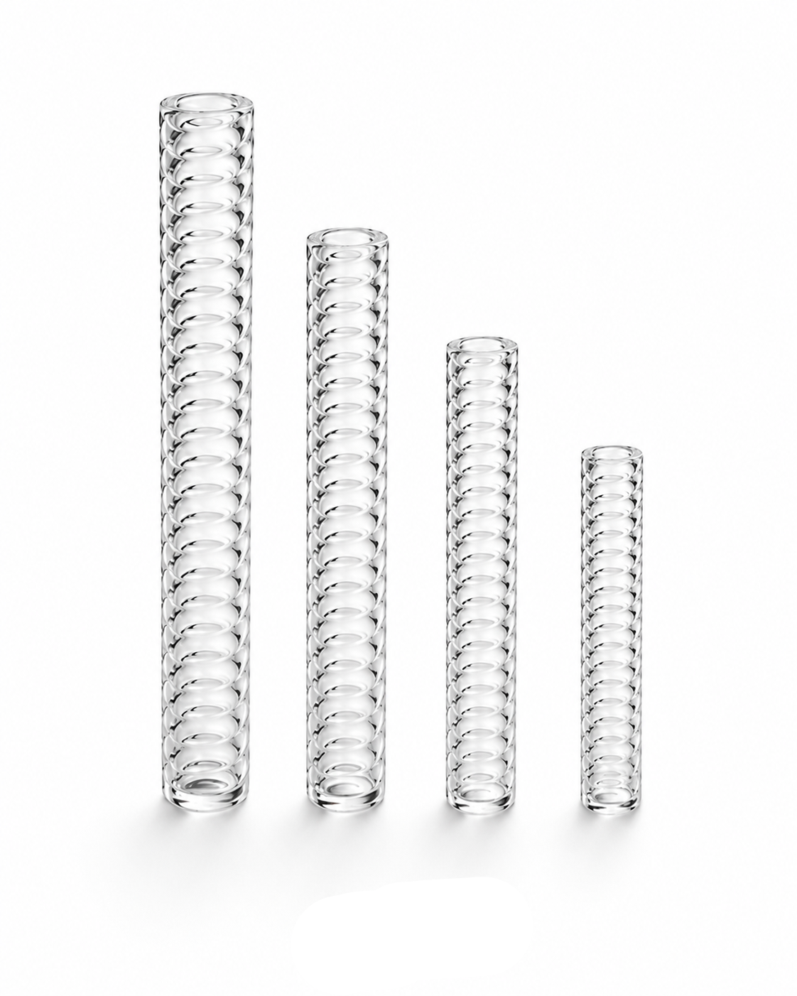 Four clear glass cylinder vases of graduated heights, each featuring a textured spiral thread-like pattern around the body, arranged on a white background with the text 'Thread Pattern' underneath.