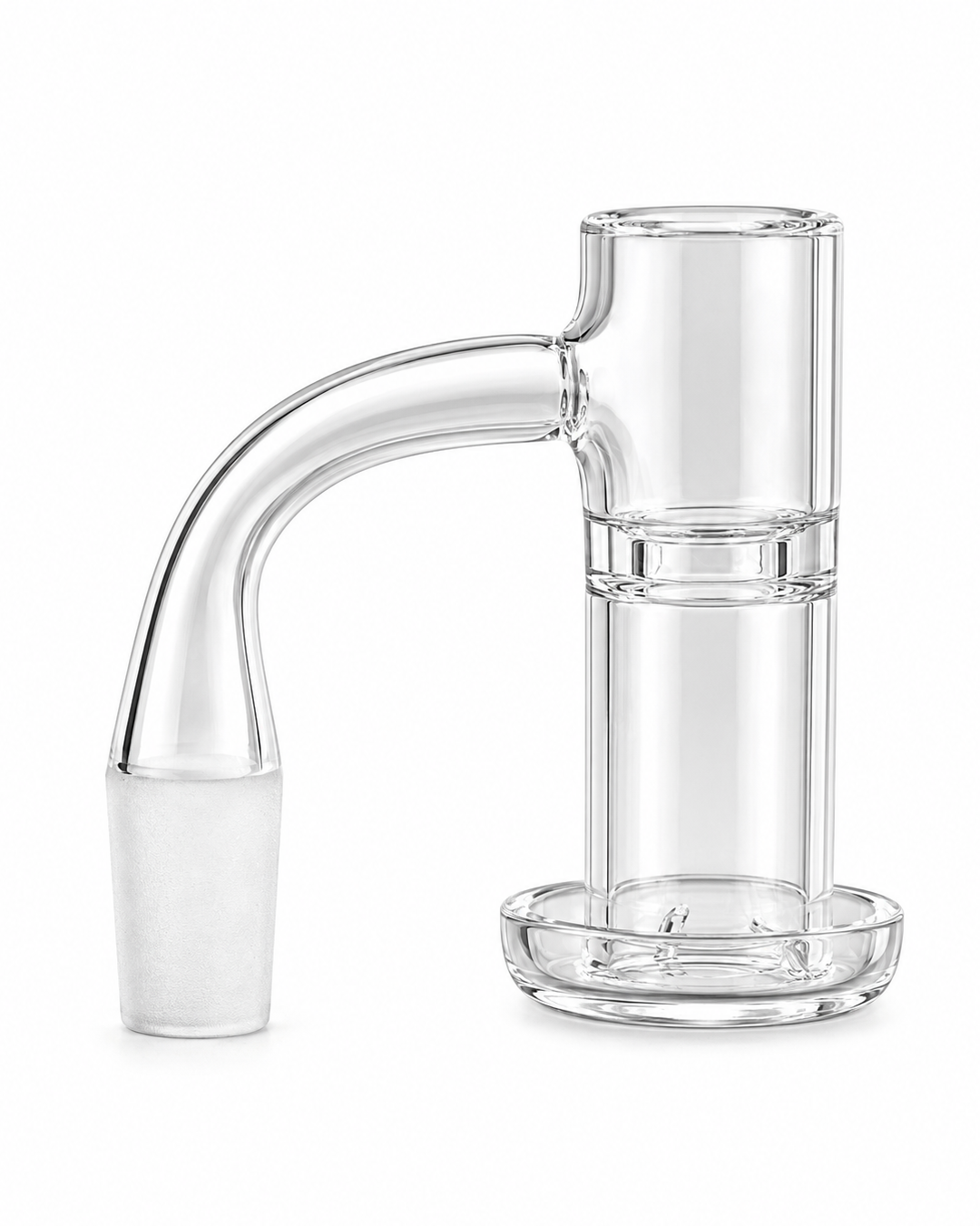 Clear glass water pipe or bong accessory with a curved neck and a glass bowl piece, shown on a plain white background.