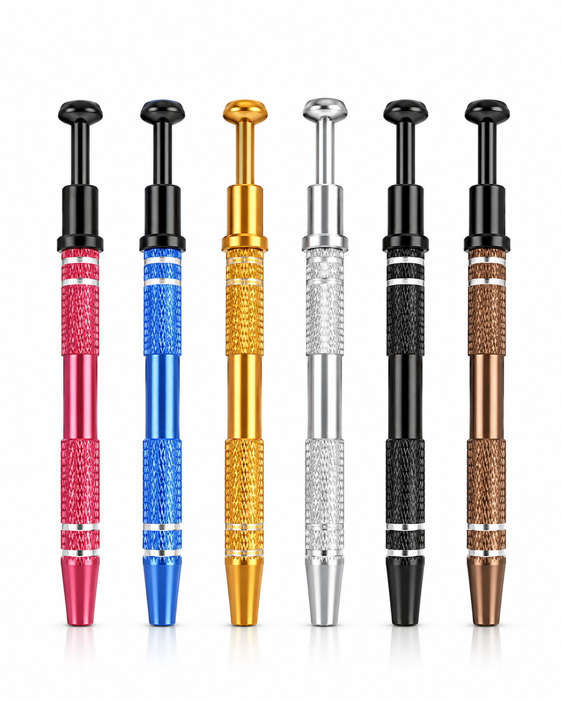 Set of six decorative pens with different color and design finishes on a white background