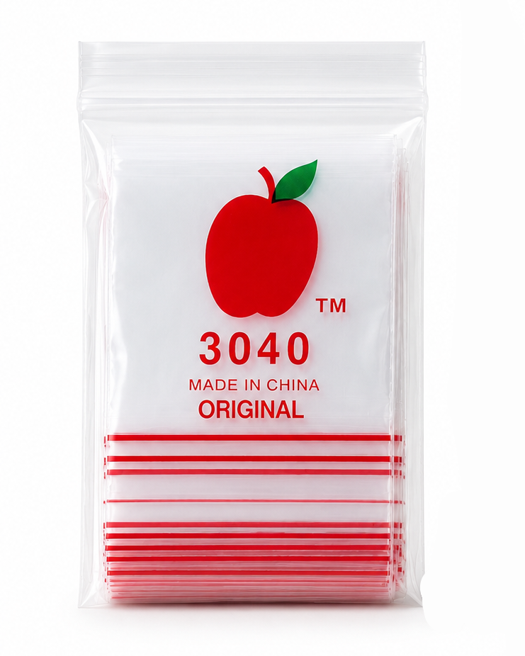 Packaged product with a red apple logo and text on a white background