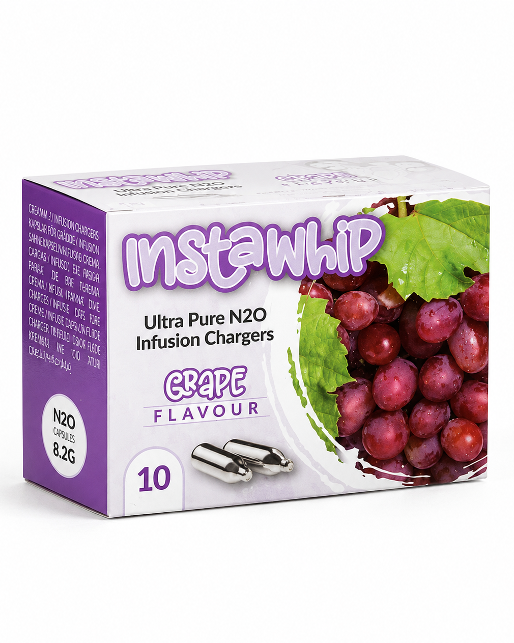 Box of Instawhip N2O infusion chargers with grape flavor on a white background