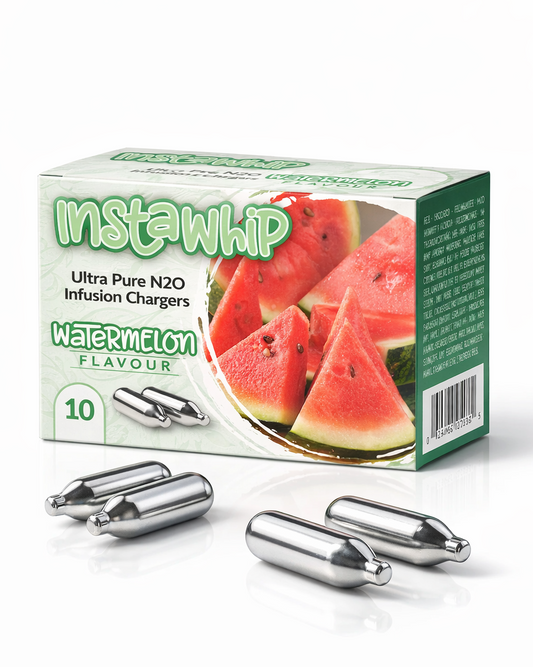 Box of Instawhip watermelon-flavored N2O infusion chargers on a white background