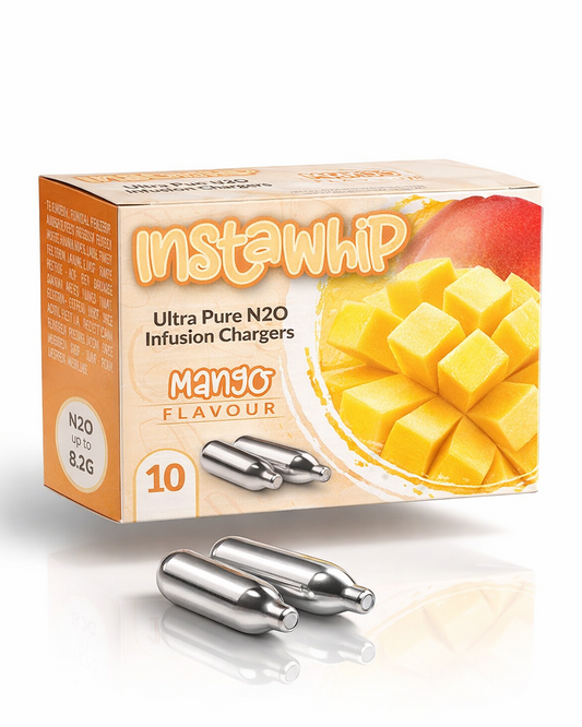 Box of Instawhip Mango Flavour N2O infusion chargers on a white background