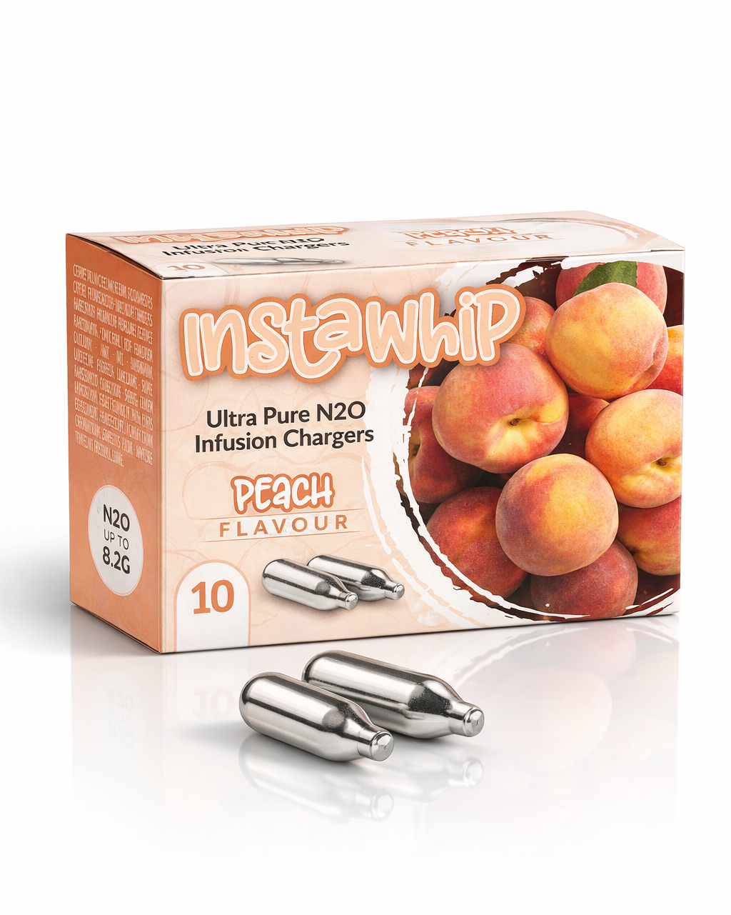 Box of Instawhip peach-flavored N2O infusion chargers on a white background