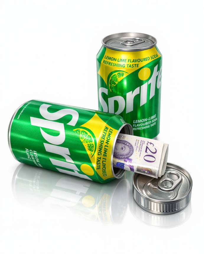 Two Sprite cans with a £20 note tucked inside on a white background
