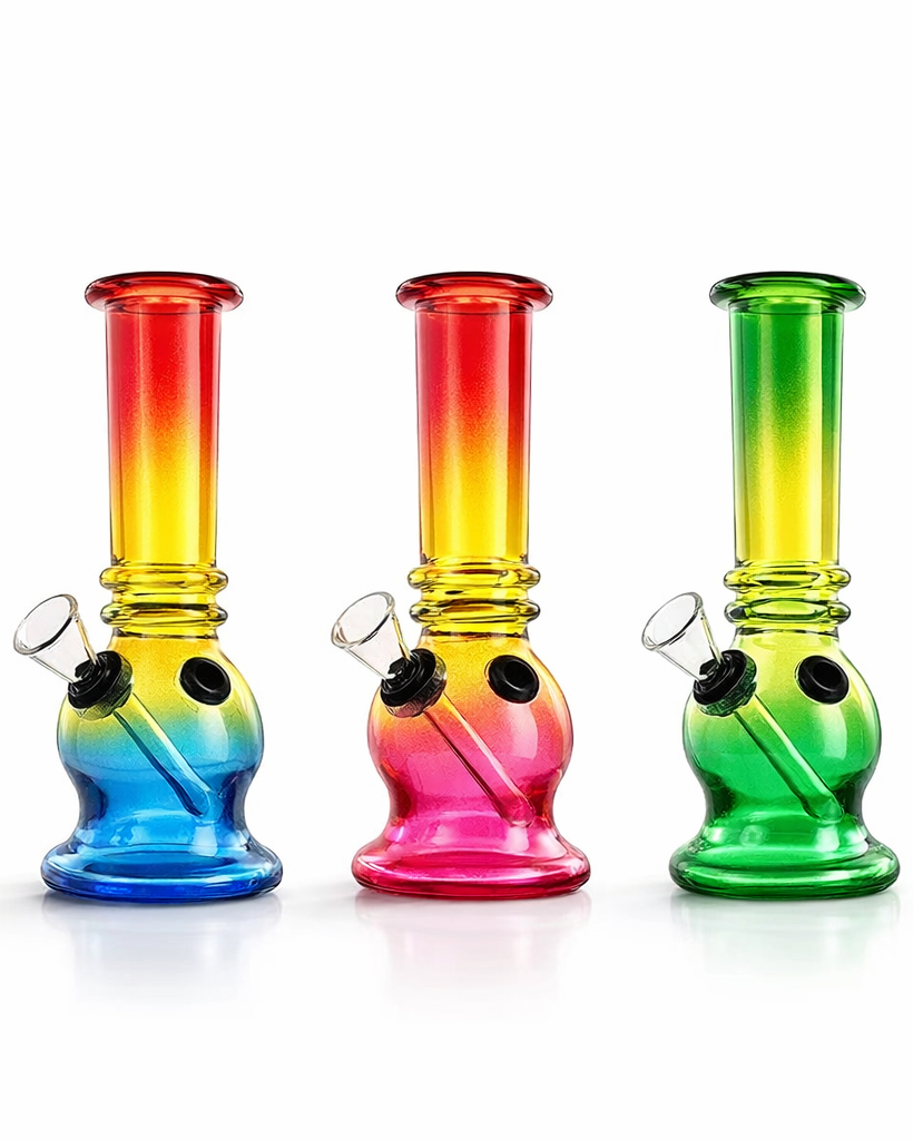 Three colorful glass smoking devices with gradient colors on a white background