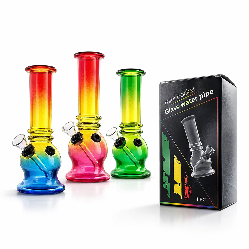 Three colorful glass water pipes with a packaging box on a white background