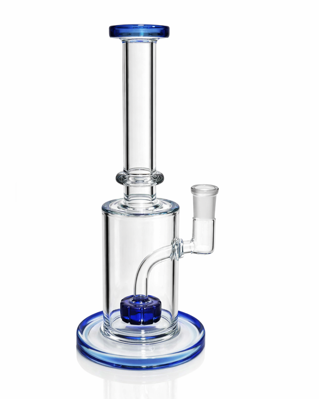 Clear glass water pipe with blue accents on a white background