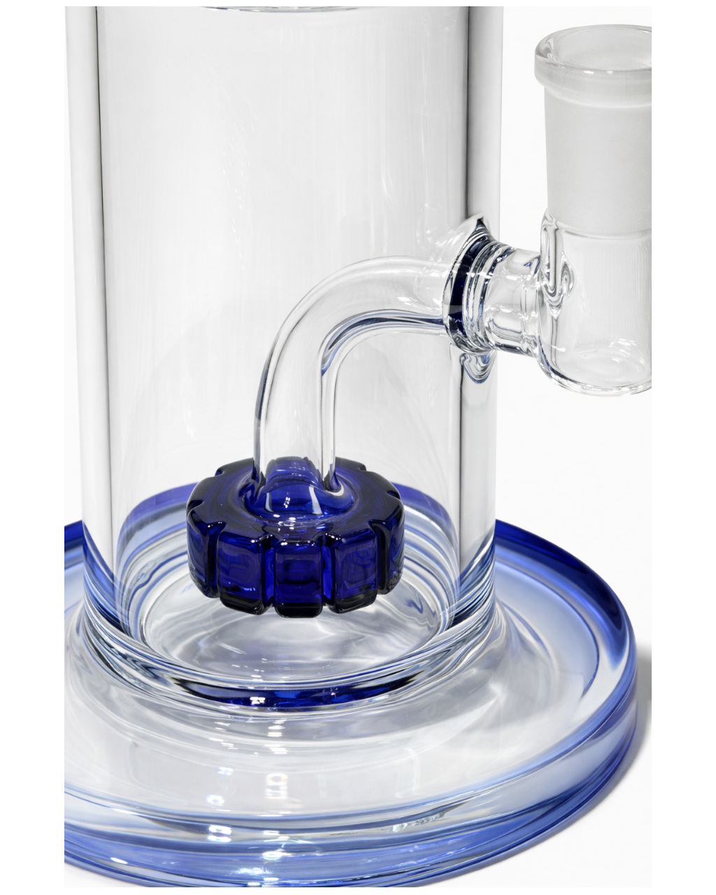 Clear glass water pipe with blue base and collar on a white background