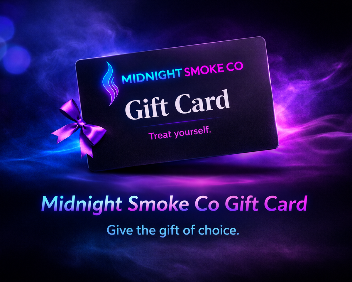 Midnight Smoke Co gift card with a purple ribbon on a dark background