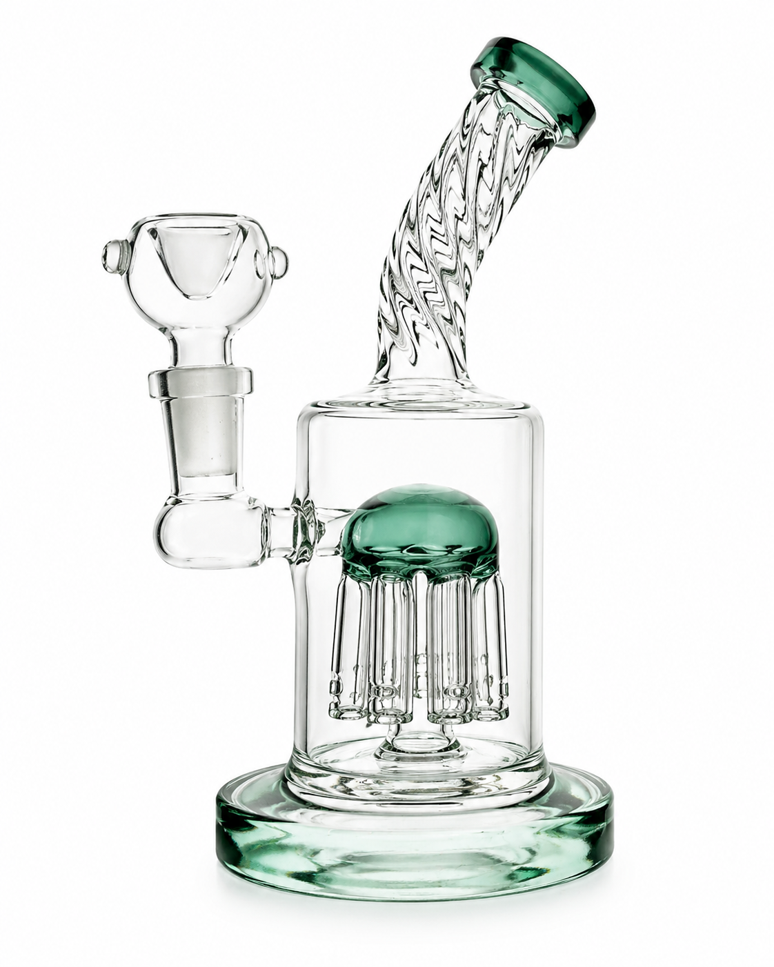 Glass water pipe with green base and twisted design on a white background