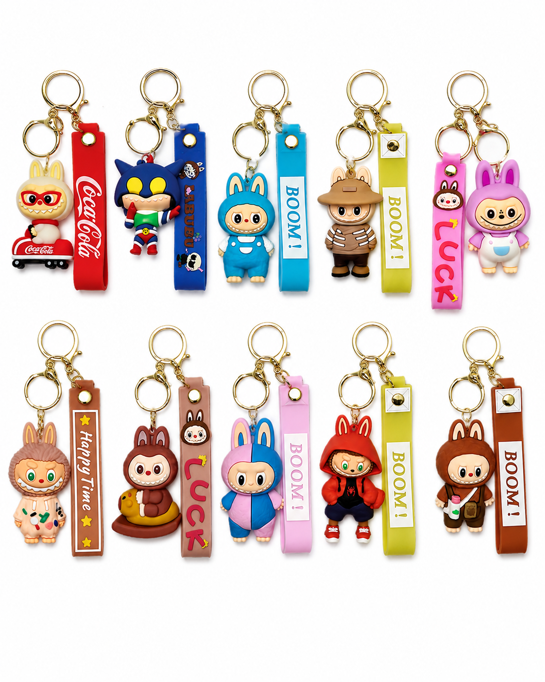 Set of colorful keychains with cartoon characters and text on a white background