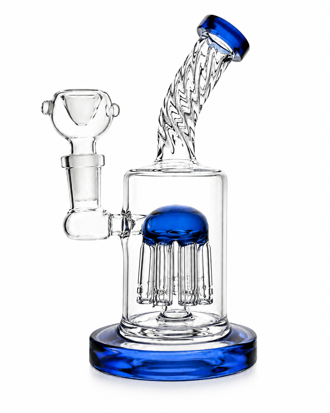 Clear glass water pipe with blue accents on a white background