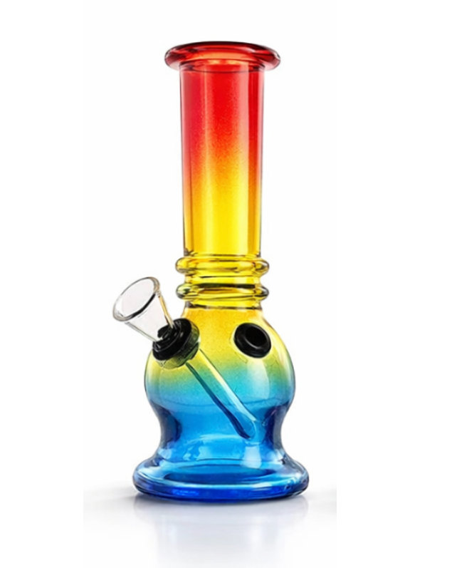 Gradient-colored glass water pipe on a white background