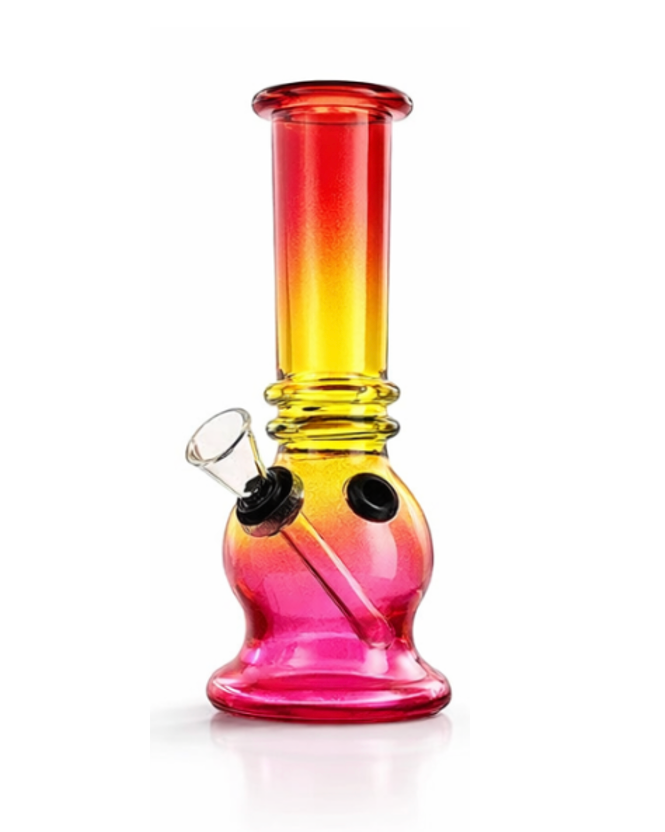 Gradient-colored glass smoking device on a white background