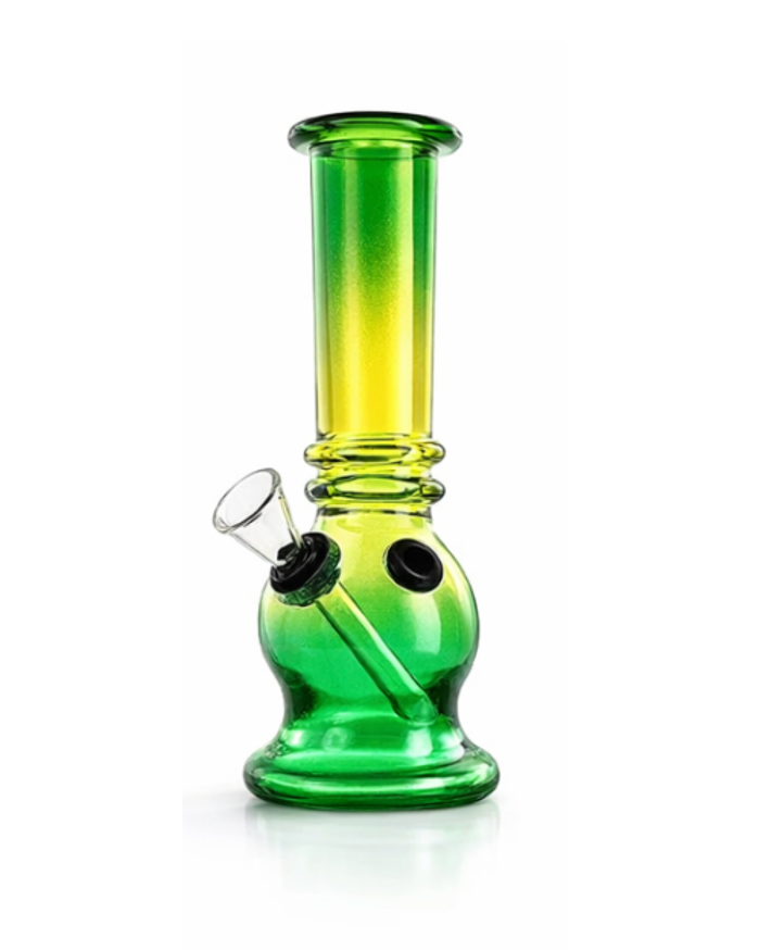Green and yellow glass water pipe on a white background