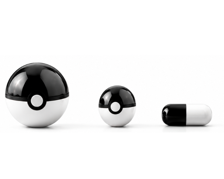 Three black and white spherical objects on a white background