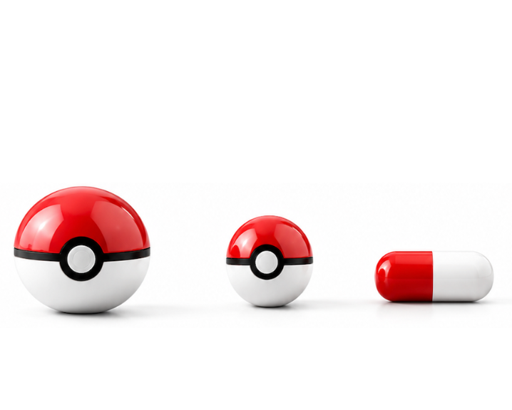 Three Poké Ball-like objects on a white background