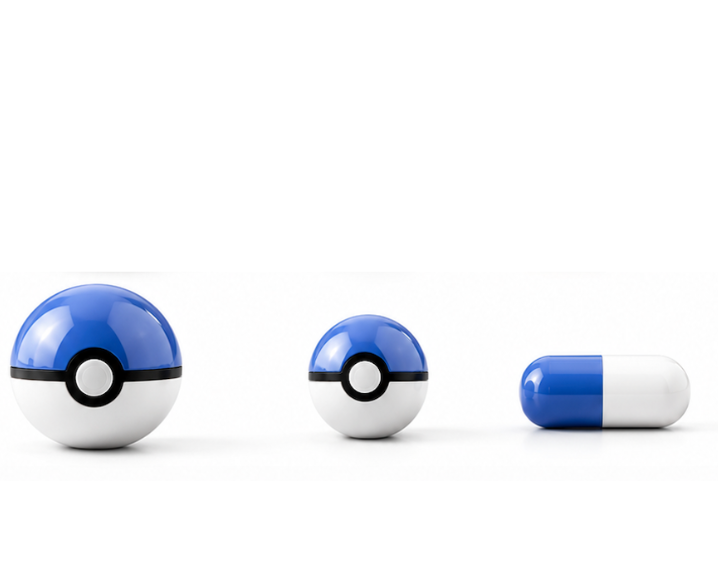 Three Poké Ball-themed lip balm tubes on a white background