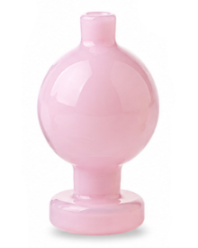 A small pink glass vase with a rounded bulbous body, a narrow neck, and a wide base, shown on a plain white background.