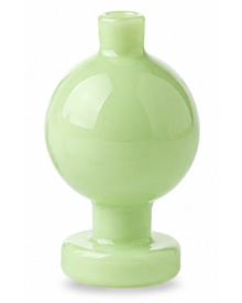 A small glossy light green glass vase with a rounded bulbous body, short neck, and circular base, shown on a white background.