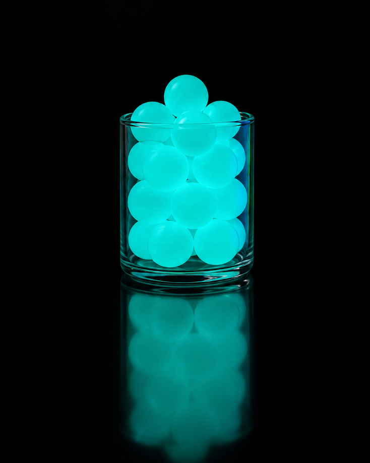 A clear cylindrical glass container filled with glowing pale aqua gel beads, centered on a black reflective surface against a black background.