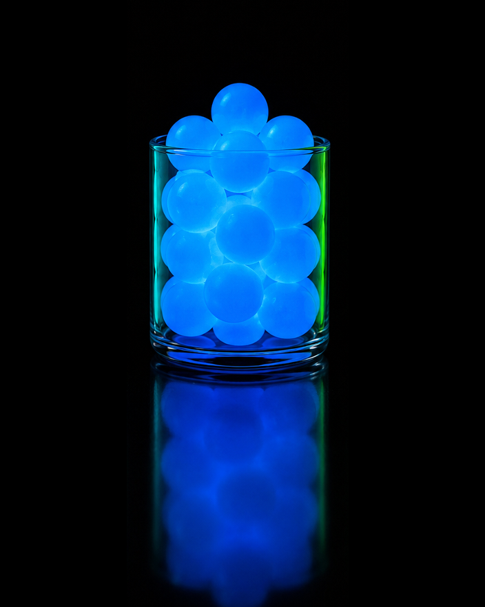 A cluster of glowing blue gel balls inside a clear glass tumbler, centered on a black reflective surface with a blue reflection below.