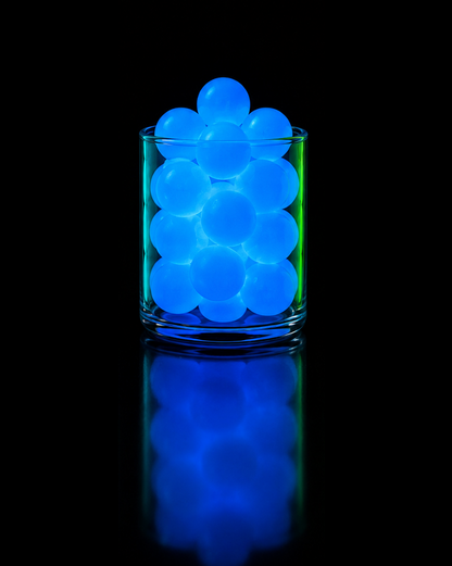 A cluster of glowing blue gel balls inside a clear glass tumbler, centered on a black reflective surface with a blue reflection below.