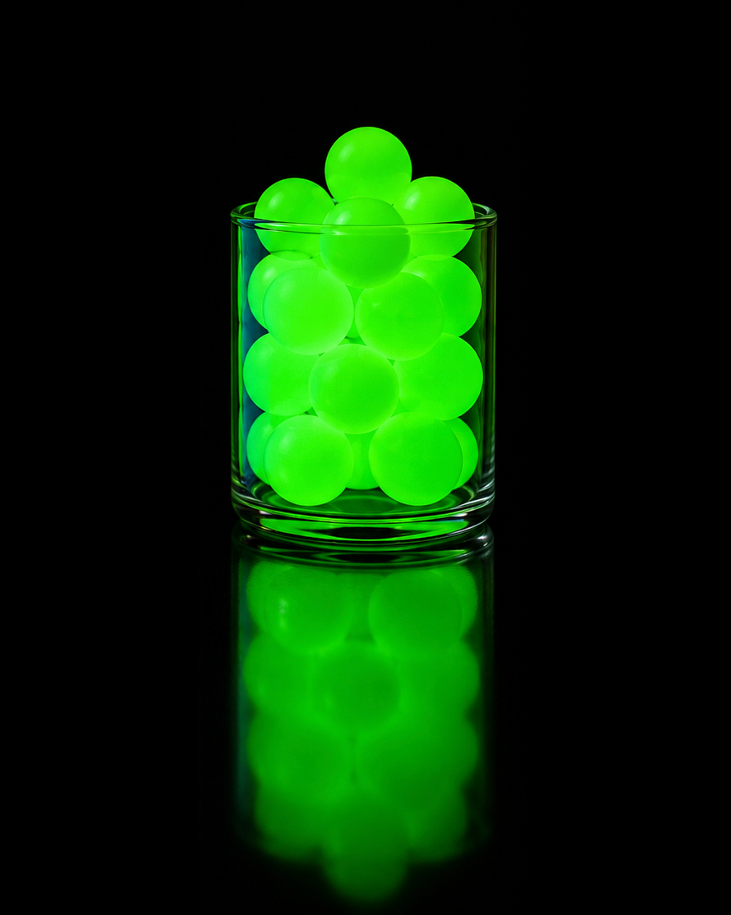A clear cylindrical glass container filled with glowing neon green gel balls, photographed on a black reflective surface against a black background.