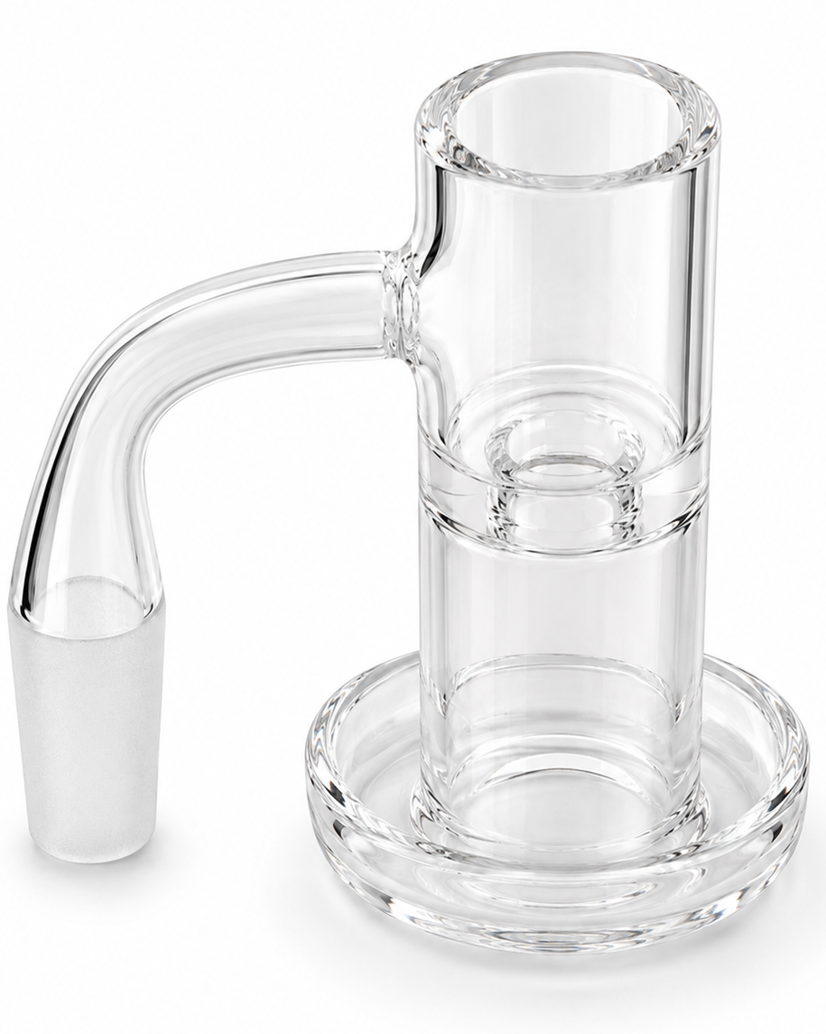 Clear glass water pipe neck with a curved side arm and a round base, shown on a white background.
