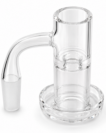 Clear glass water pipe neck with a curved side arm and a round base, shown on a white background.
