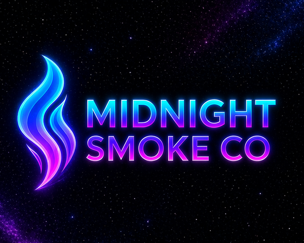 Neon logo of Midnight Smoke Co with a stylized flame on a dark background