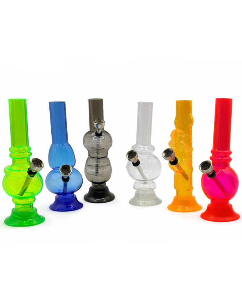 Set of colorful glass smoking accessories on a white background