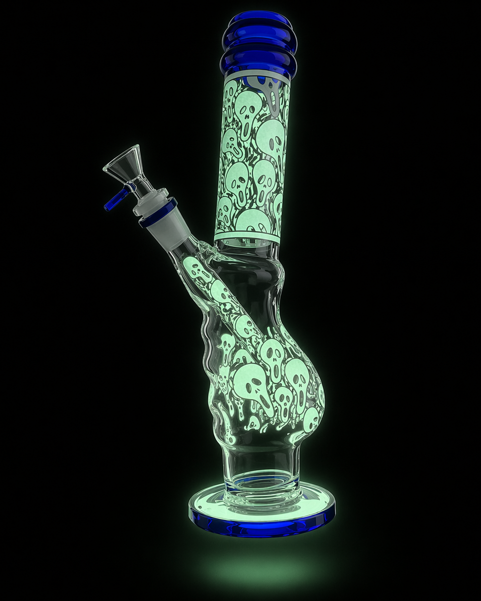 Glowing green glass water pipe with blue accents on a black background