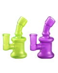Two translucent glass water pipes in lime green and purple, shown side by side on a plain white background.
