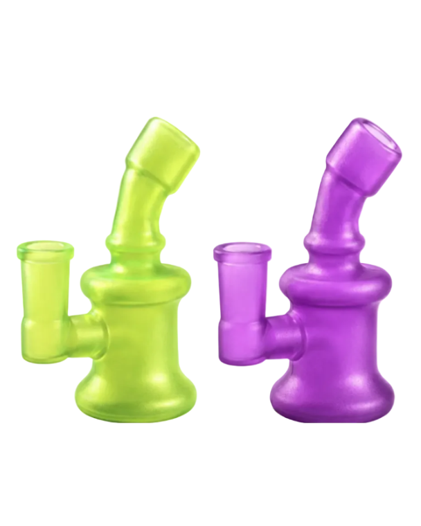 Two translucent glass water pipes in lime green and purple, shown side by side on a plain white background.