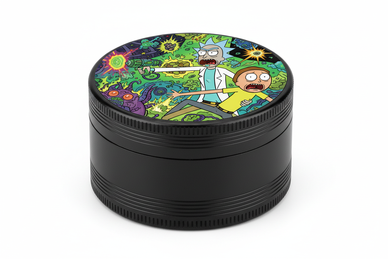 rick and Morty themed herb grinders - black grinder with the top a comic scene of rick and morty