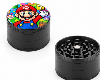super Mario in coloured picture for the top and the rest of the grinder is black 